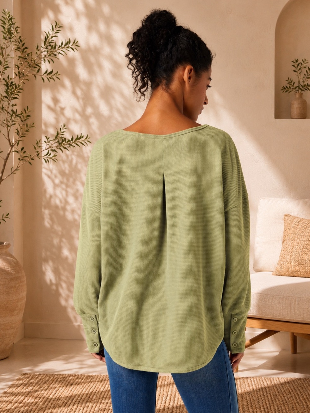 HALARA Scoop Neck Waffle Knit Long Sleeve Top Sage Green Size Small NWOT - Picture 2 of 4